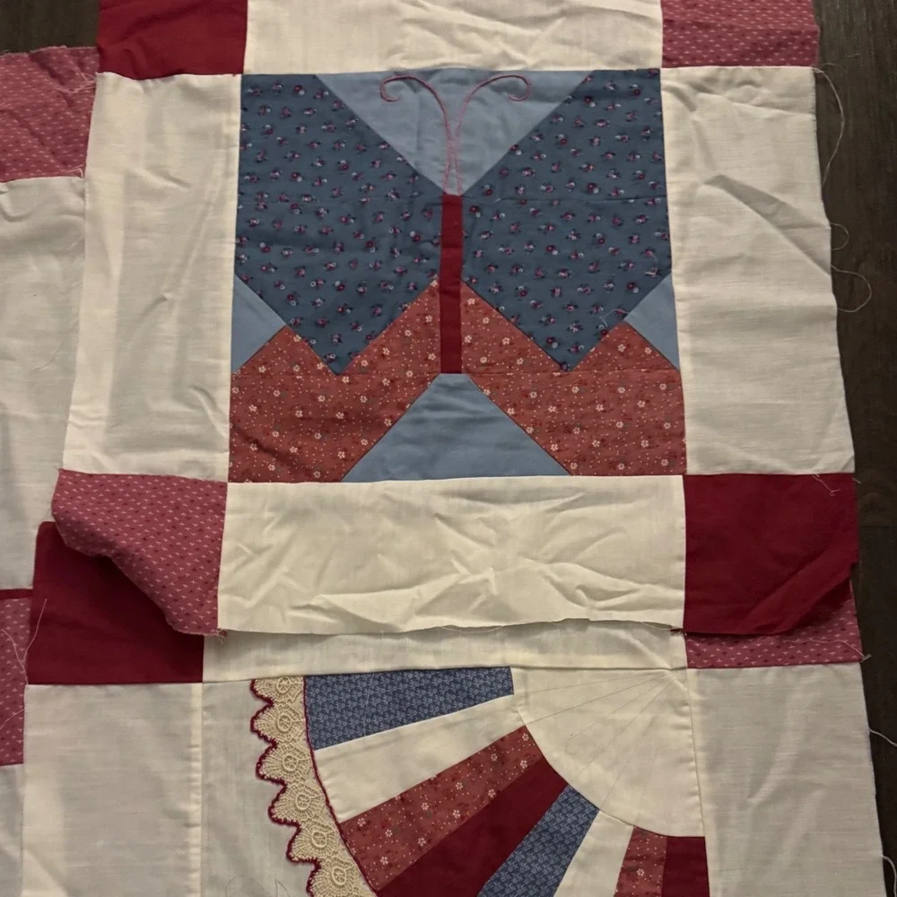 Handmade Quilt Top Panels 12 Vintage Patchwork Red White Blue Cotton